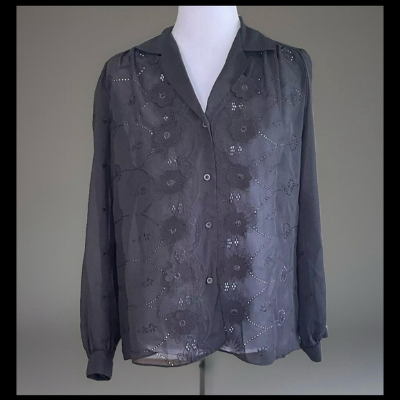 Vintage Tops - Vintage Black Floral Eyelet Long Sleeve Sheer Button Up Blouse Size XL